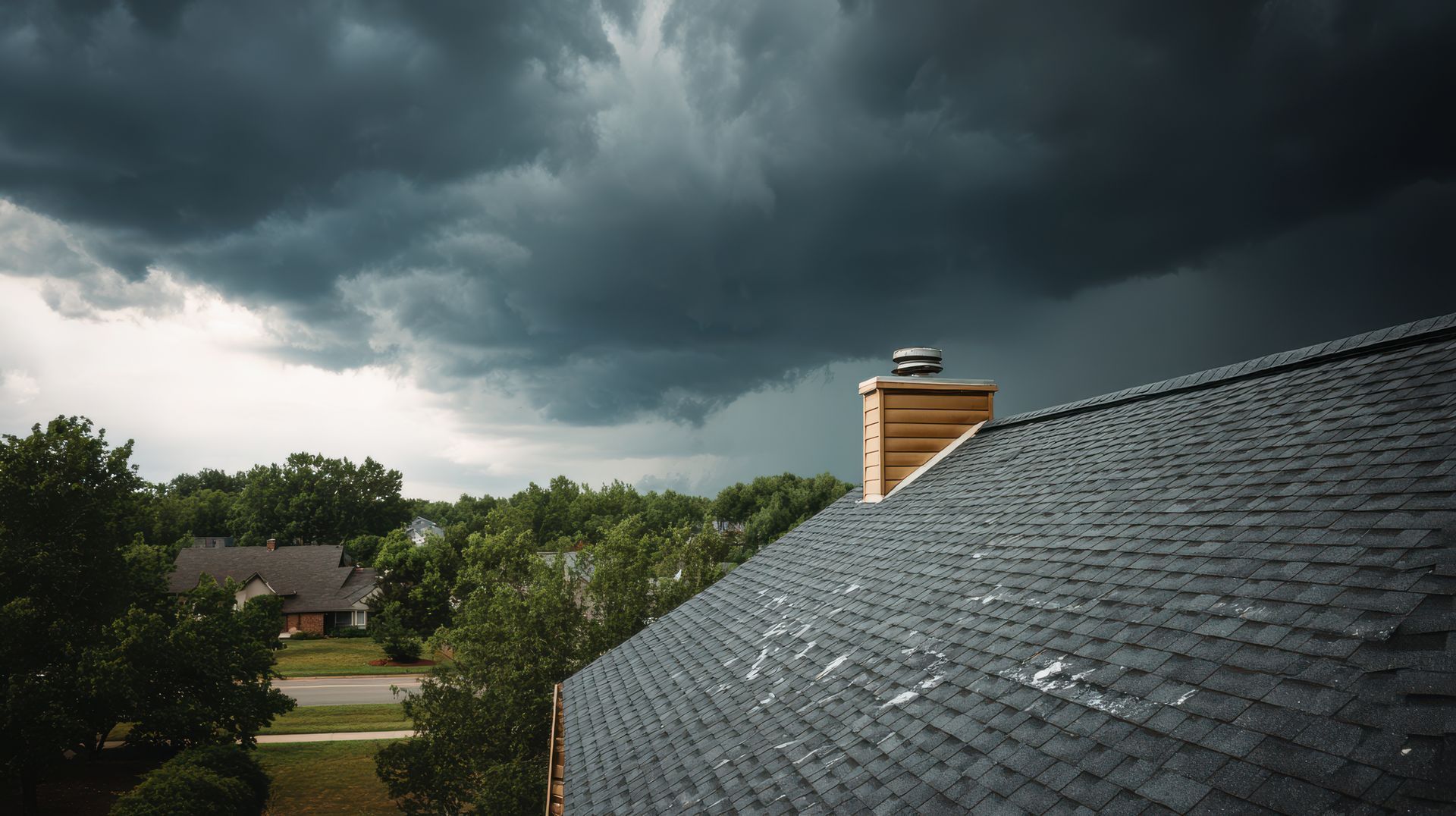 De sombres nuages ​​d'orage menaçants planent au-dessus d'un toit.