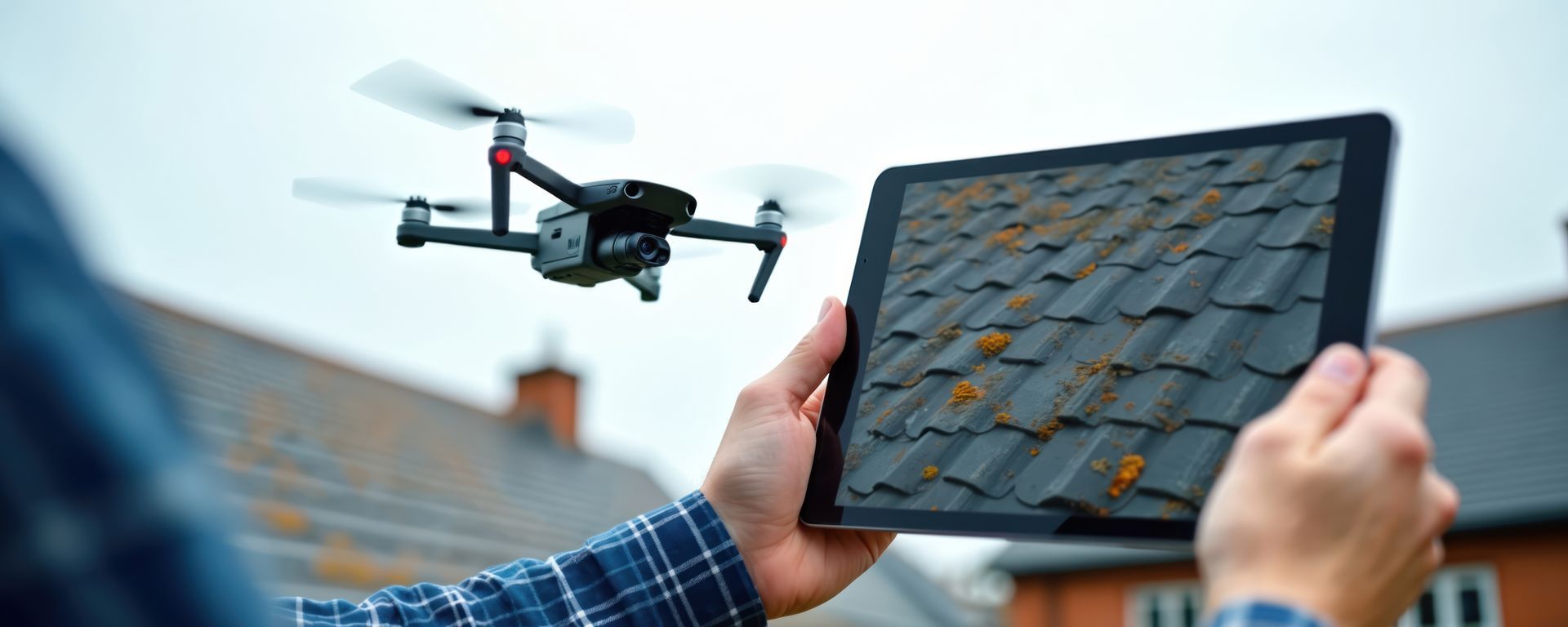 Une personne tient une tablette affichant les images en direct d'un toit pris par un drone.