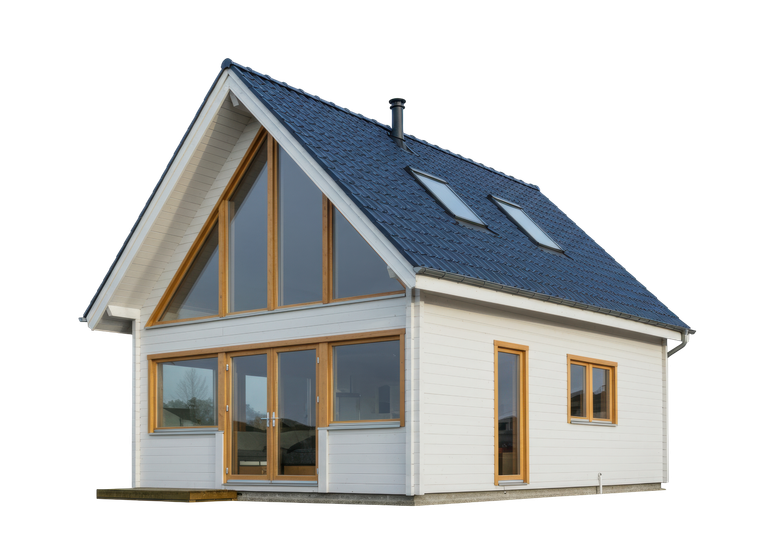 Un chalet moderne en bois blanc avec un toit bleu foncé à forte pente, de grandes baies vitrées et deux puits de lumière.