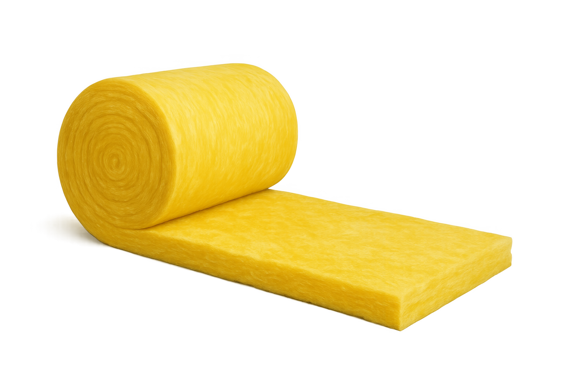 Un rouleau de matériau isolant en fibre de verre jaune vif, partiellement déroulé.