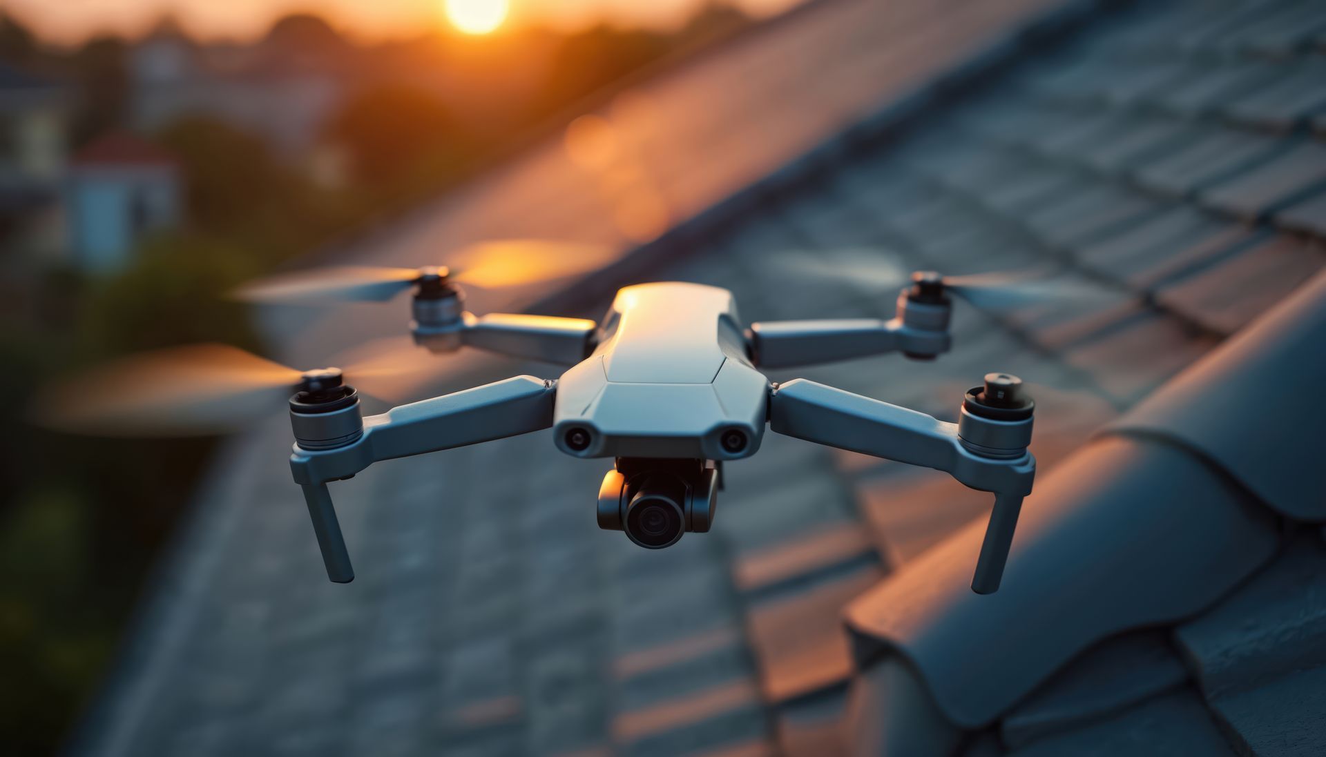 Un drone gris clair plane au-dessus d'un toit de bardeaux au coucher du soleil.