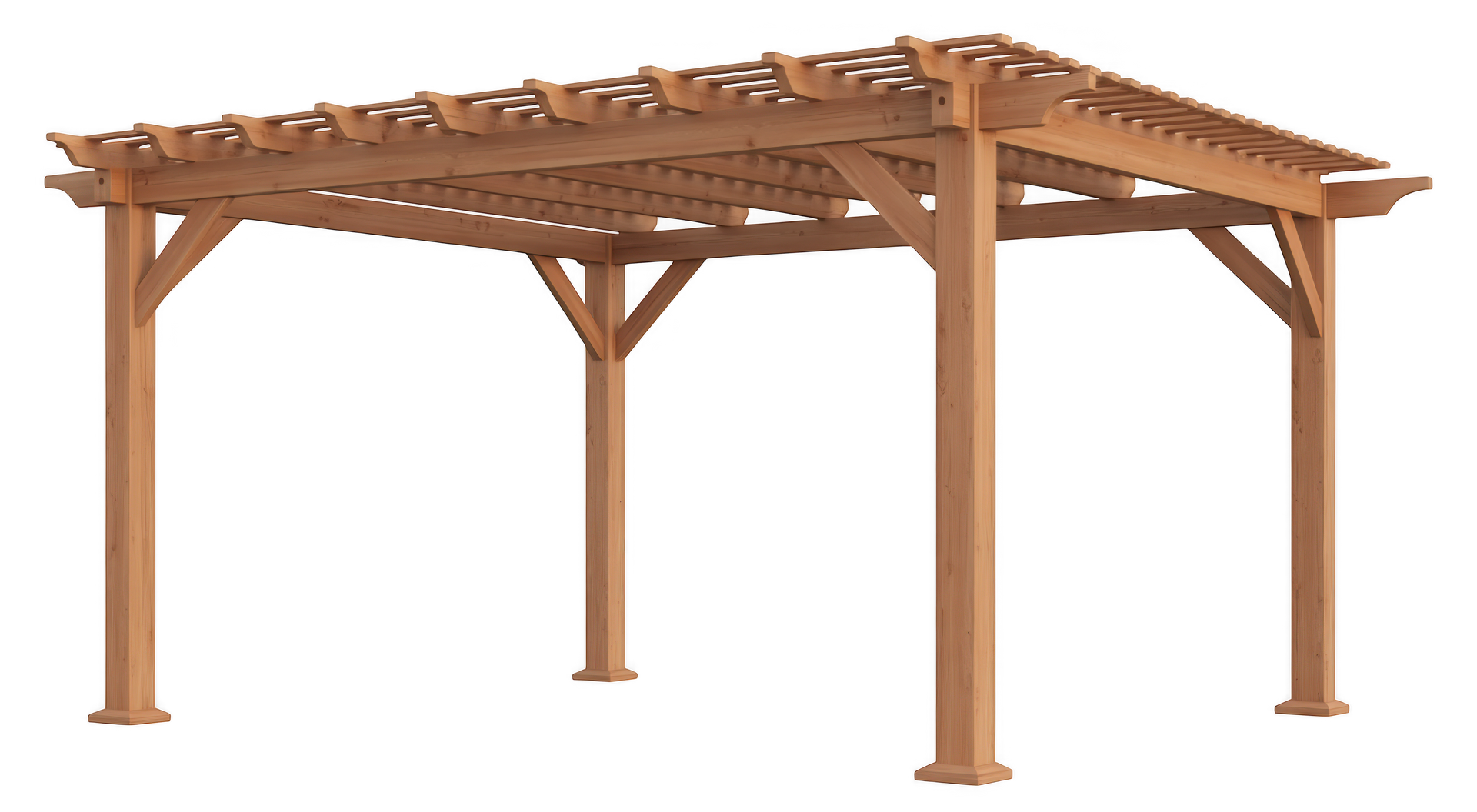 Une pergola en bois avec un toit à claire-voie et quatre poteaux de soutien dotés d'équerres d'angle.