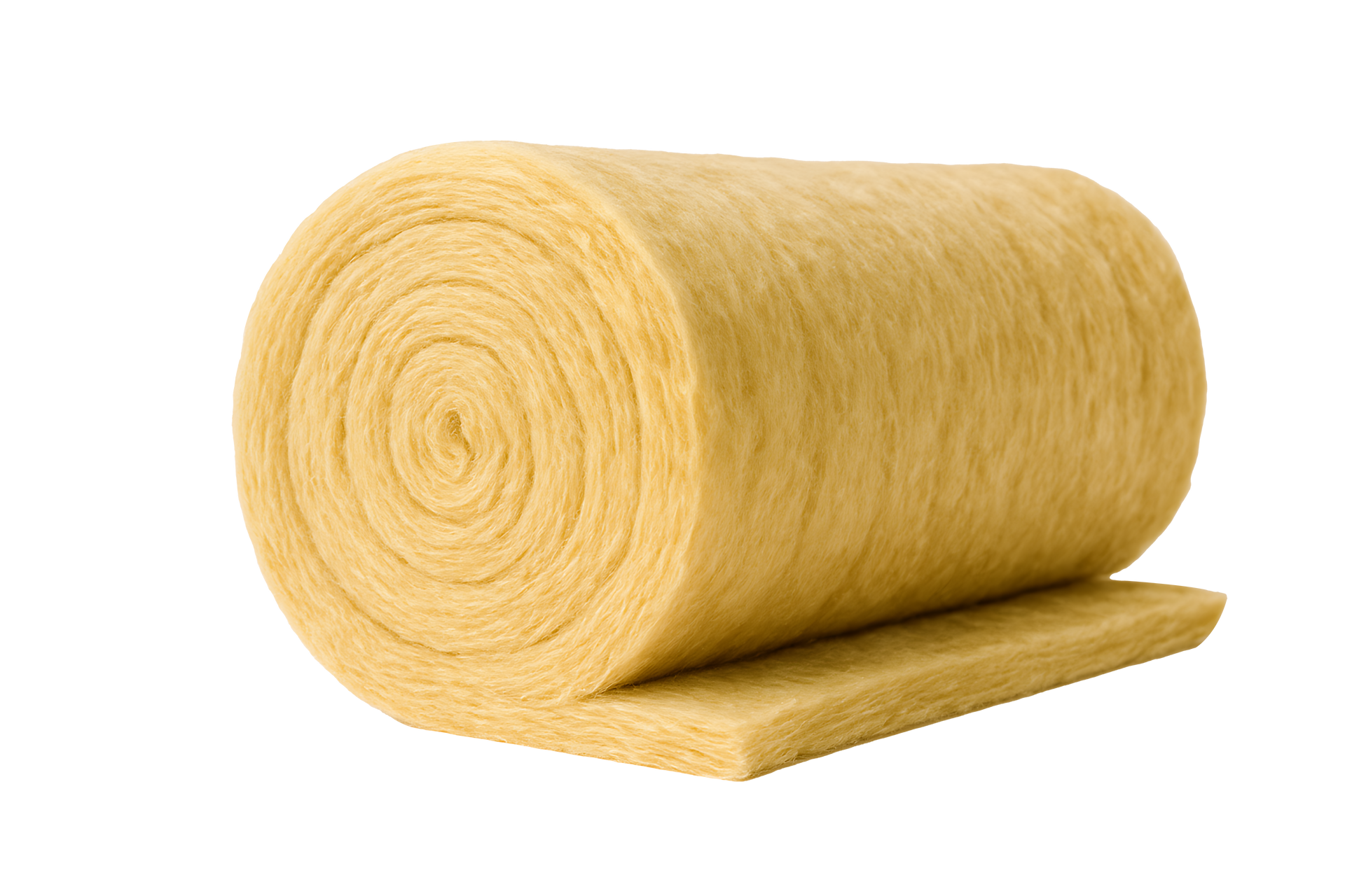 Un rouleau de matériau isolant en fibre de verre jaune sur fond blanc.