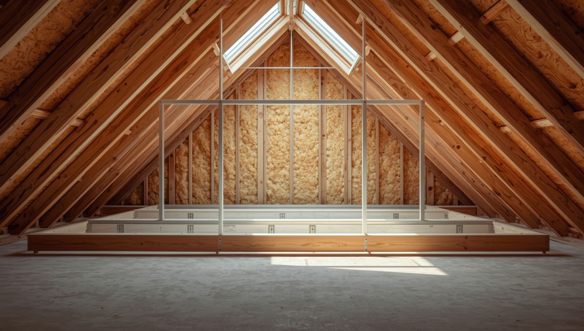 Grenier inachevé avec charpente en bois, puits de lumière et grande structure métallique centrée.