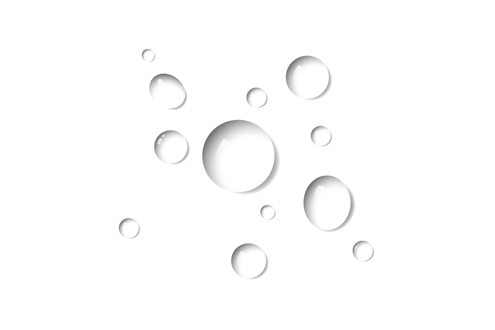 Un ensemble de gouttelettes d'eau transparentes de différentes tailles sur fond blanc.