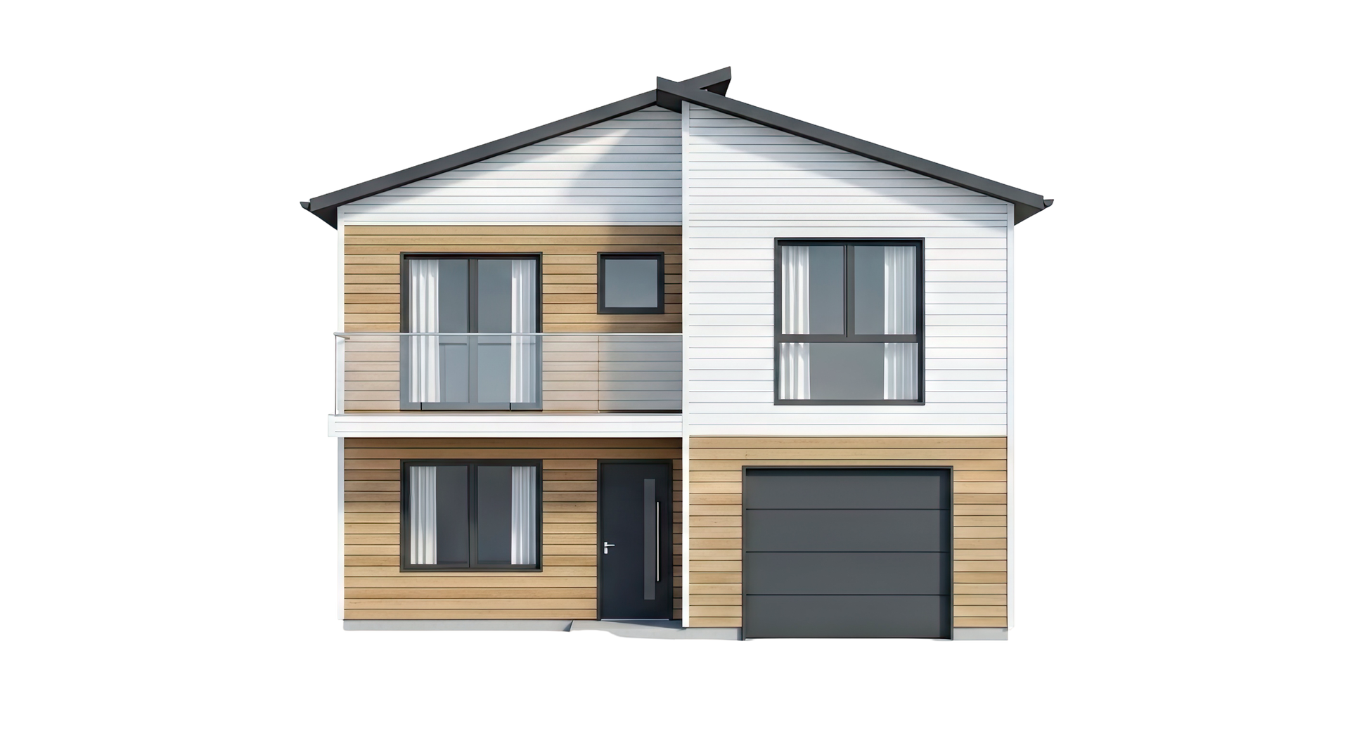 Extérieur d'une maison moderne à deux étages avec bardage en panneaux de bois.