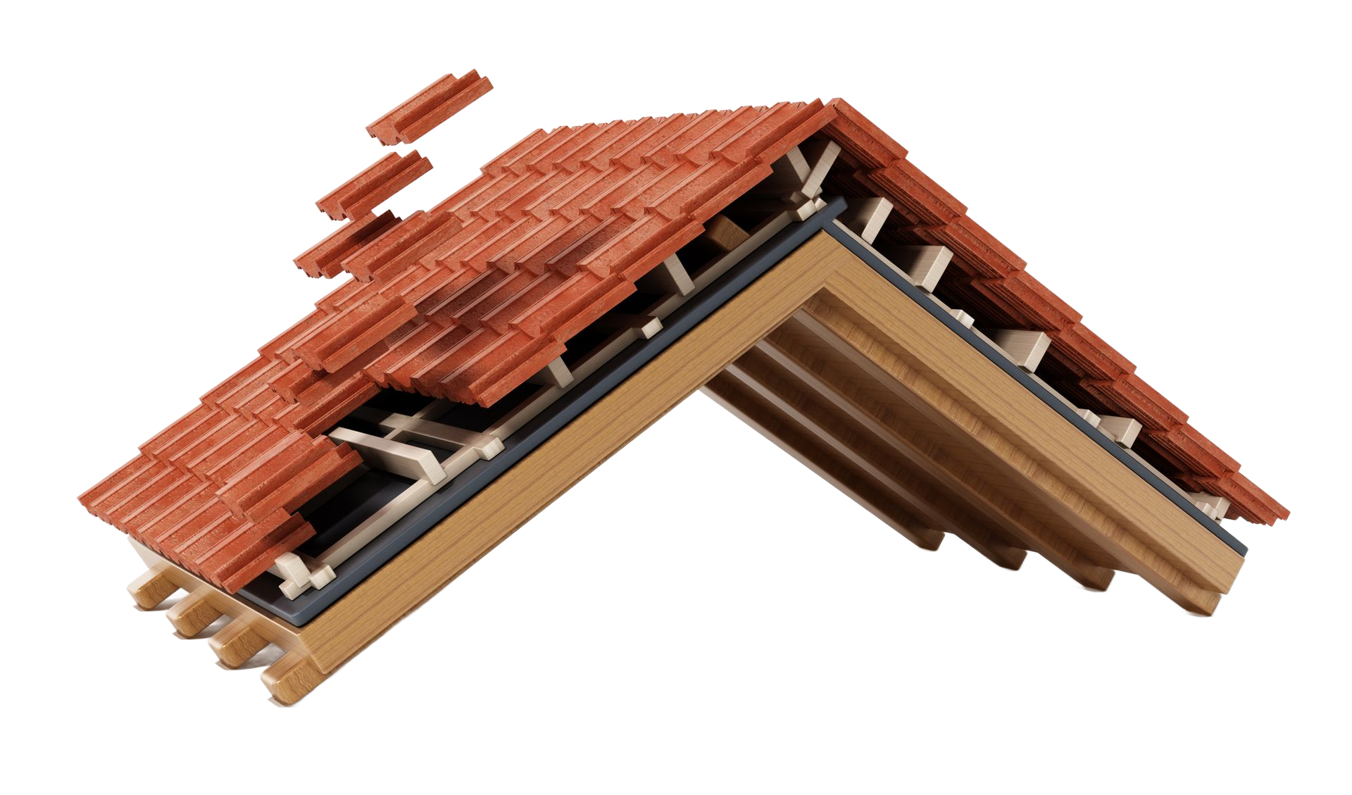 Modèle en coupe d'un toit à deux pans montrant les tuiles en terre cuite rouge.
