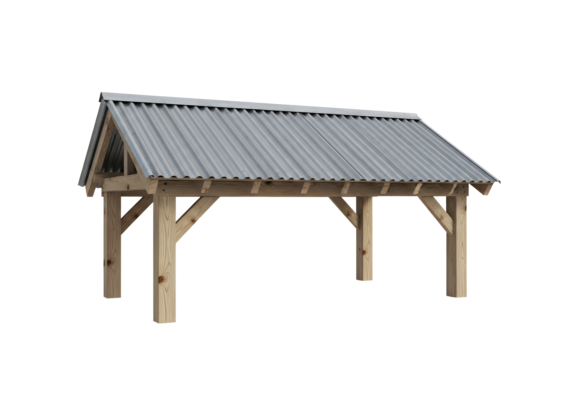 Un pavillon en bois ouvert sur les côtés, soutenu par quatre poteaux.