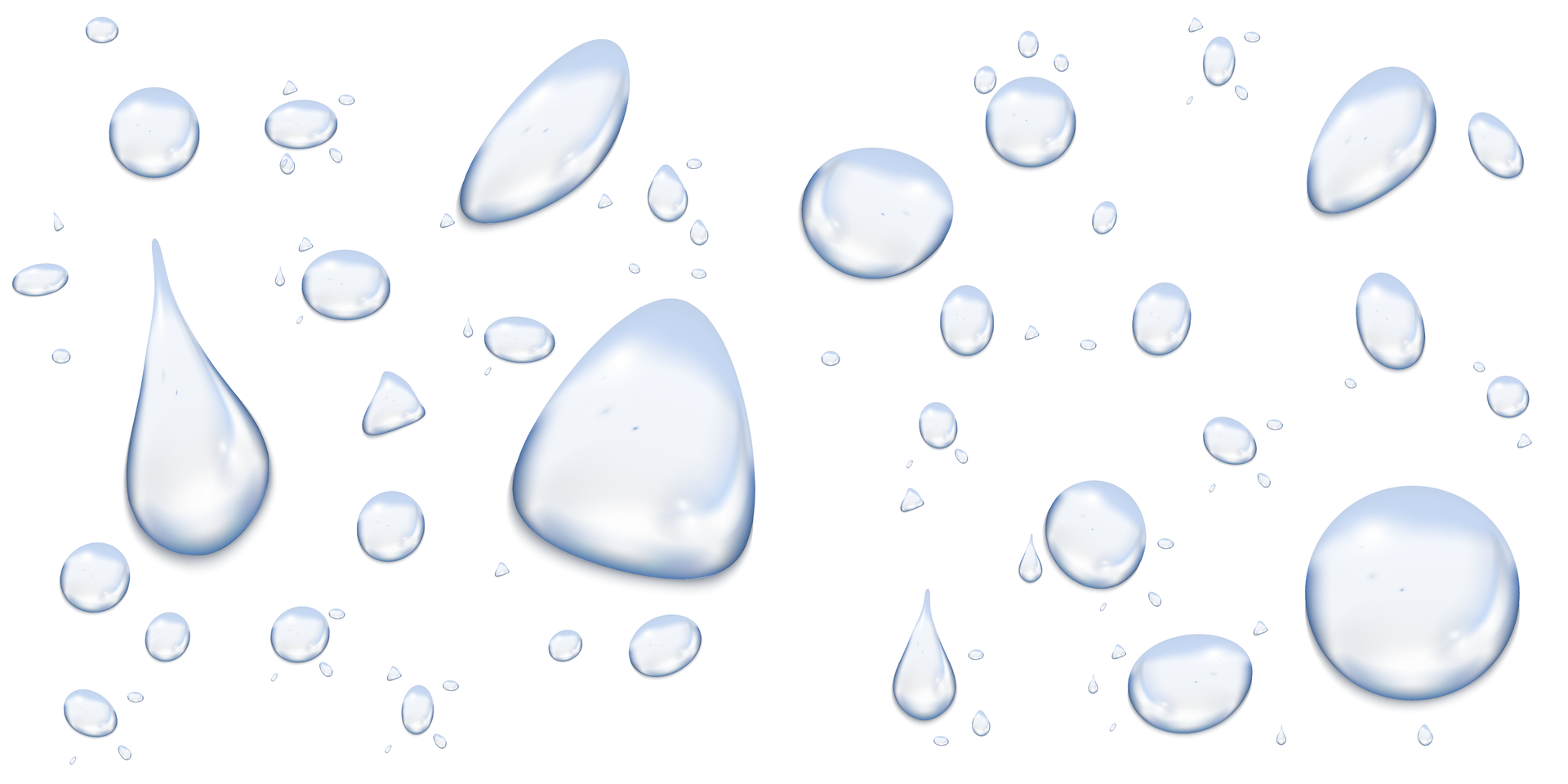 Une multitude de gouttelettes d'eau transparentes de différentes tailles, dispersées sur un fond blanc.