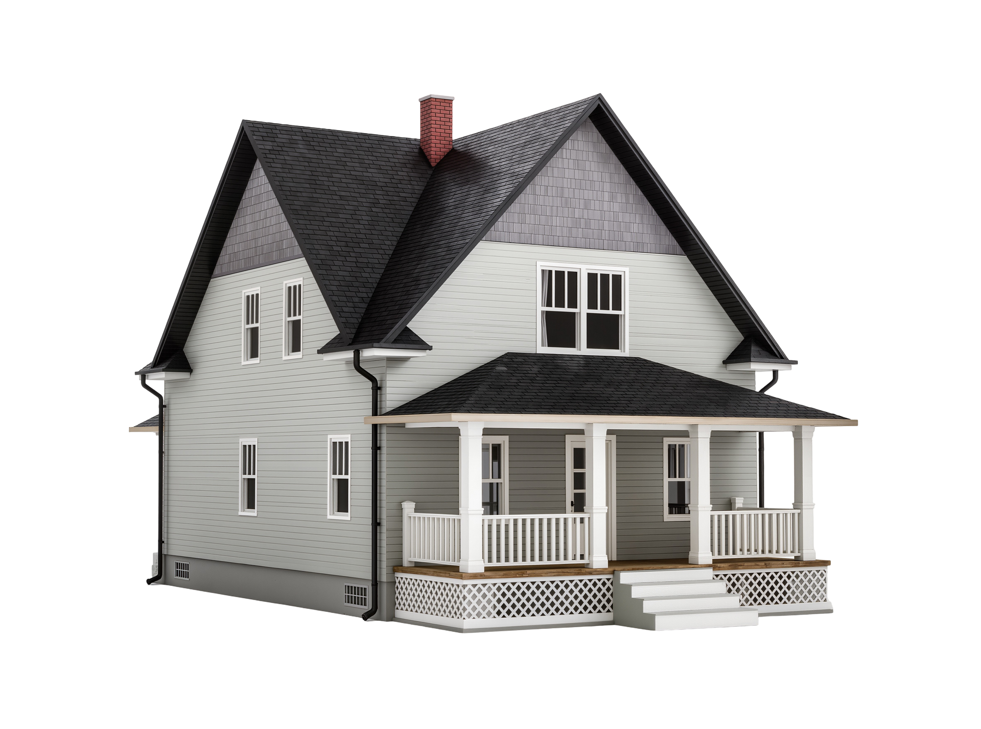 Une maison grise à deux étages avec un toit noir, un porche et de la boiserie blanche.