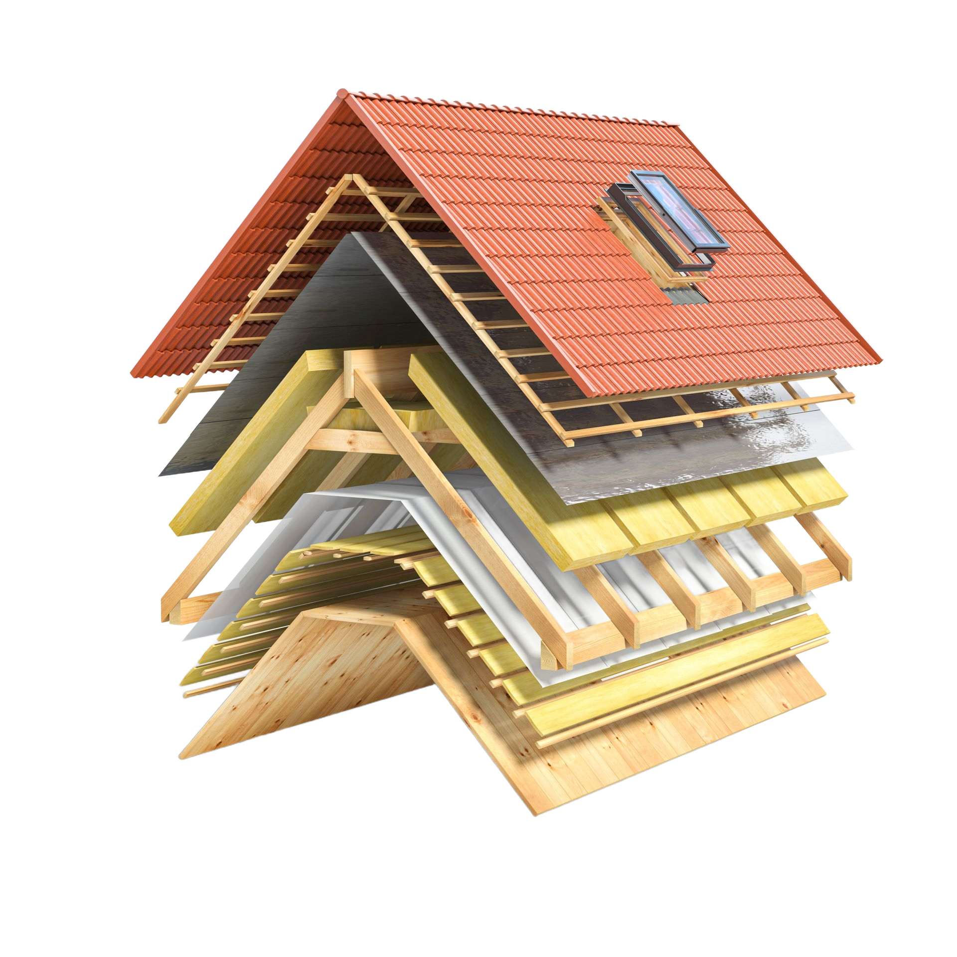 Coupe transversale d'un toit montrant les différentes couches de matériaux de construction superposées, notamment des tuiles, de l'isolant et des chevrons en bois.