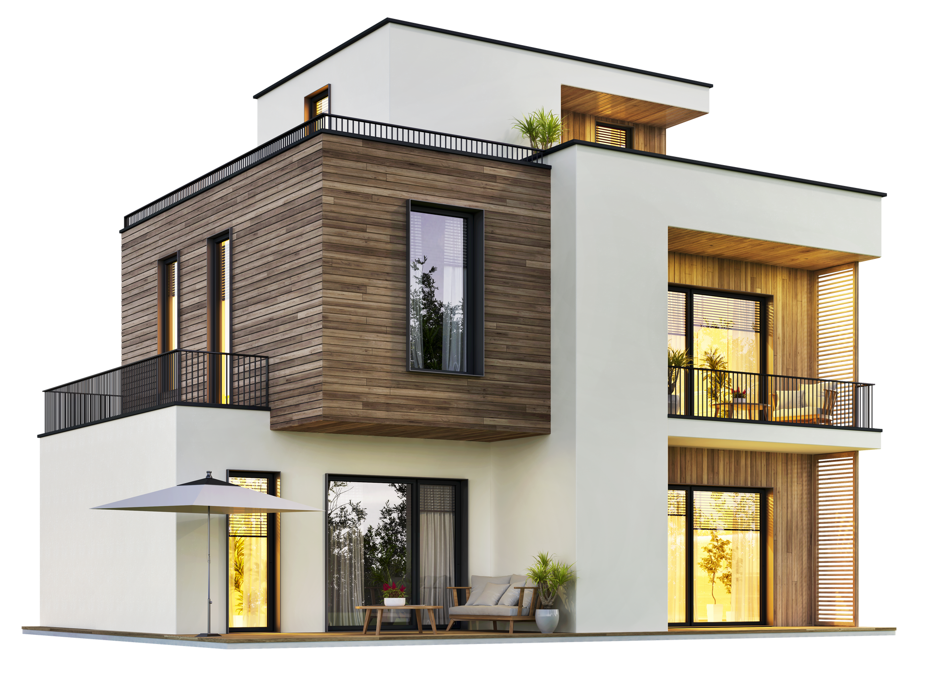 Une maison moderne à plusieurs niveaux, avec des murs blancs.