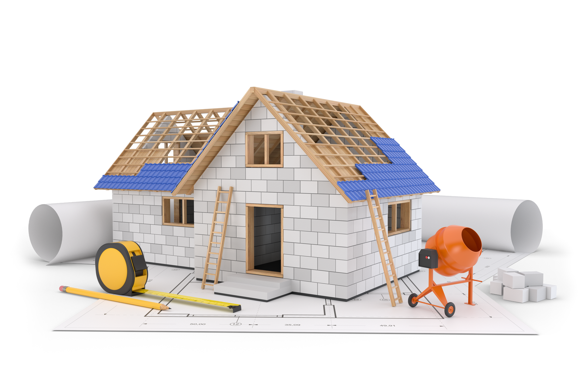 Une maison miniature en briques blanches en construction, avec un toit bleu, des plans, un mètre ruban et une bétonnière.