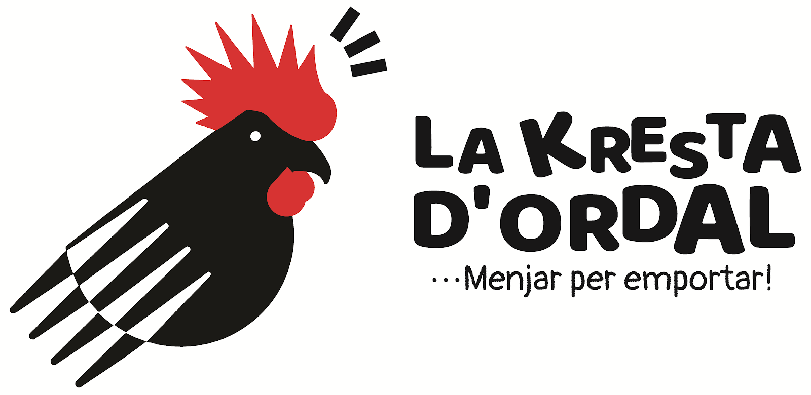 Logotipo de un gallo negro con cresta roja junto a un texto que dice "La Kresta d'Ordal" y el lema "...Menjar per emportar!".