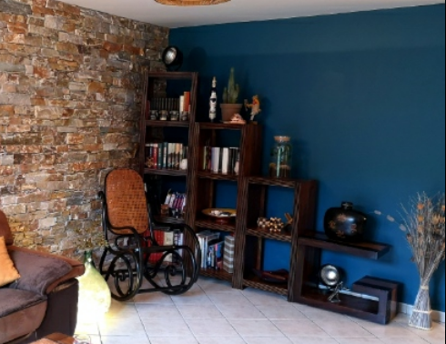 Peinture bleue sur le pan d'un mur d'un salon, coin bibliothèque