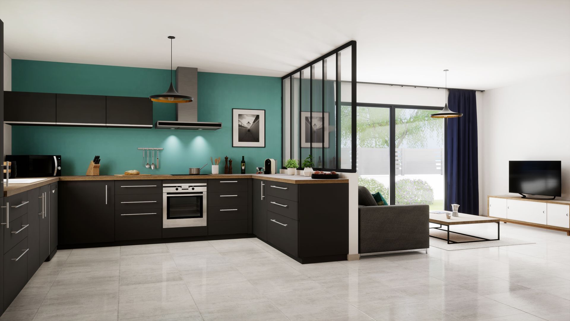 Cuisine tendance avec carrelage et peinture murale, verrière et baie vitrée