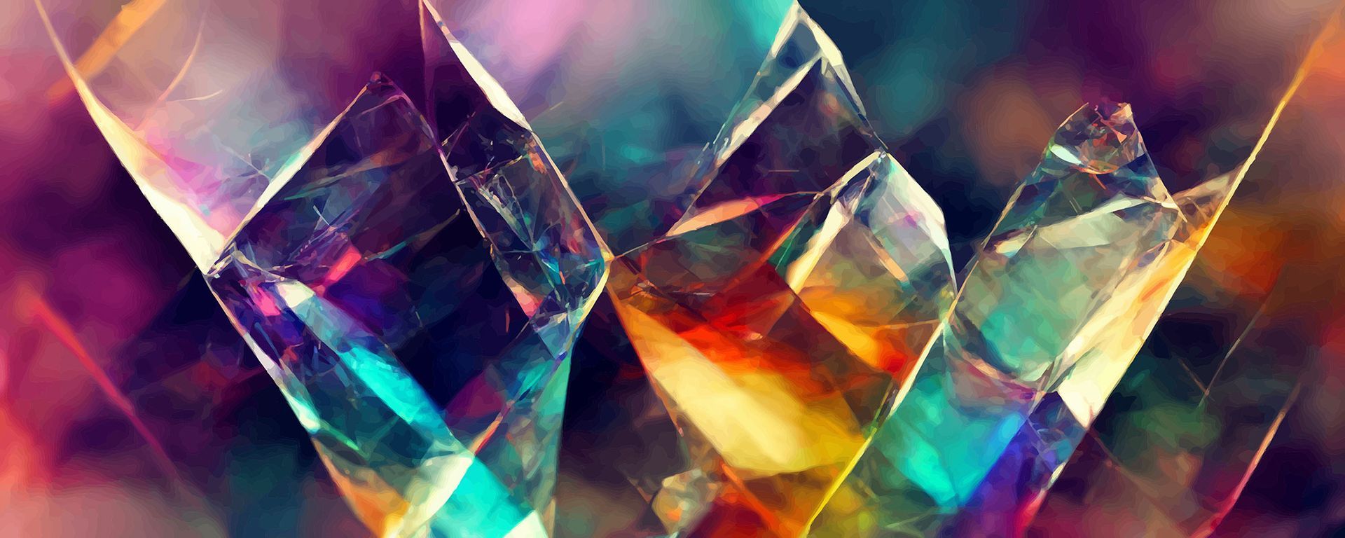 Abstrakte geometrische Kristalle mit leuchtenden Regenbogenfarben und prismatischen Reflexionen