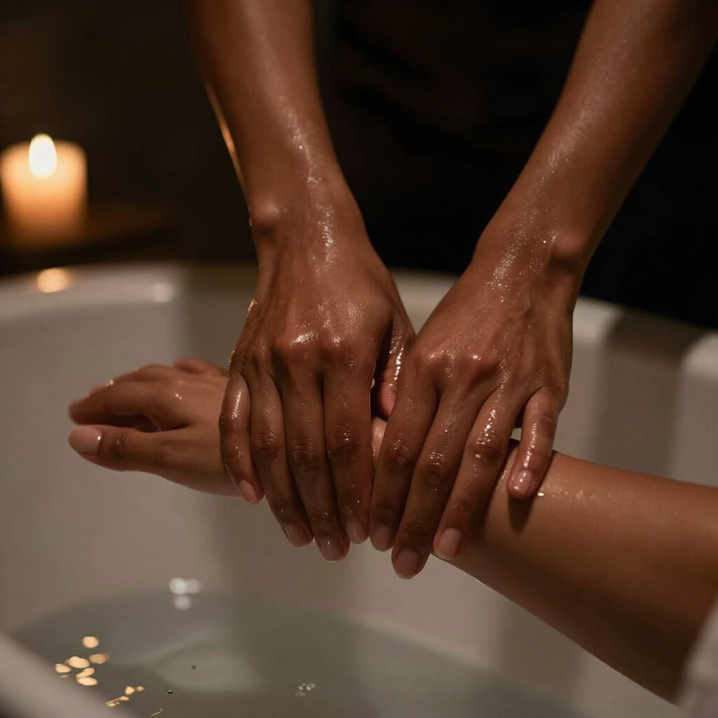 Unas manos masajean suavemente un antebrazo sobre una bañera encendida, con velas al fondo.