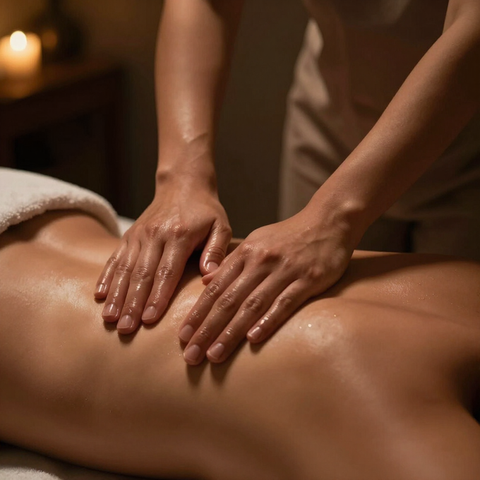 Manos dando un masaje de spa en la espalda de una persona bajo una iluminación cálida y tenue.