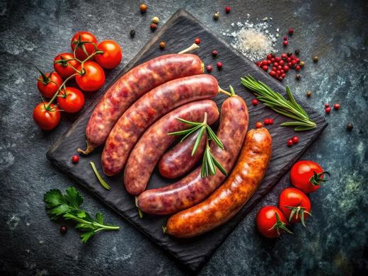 Présentation de saucisses non cuites sur une assiette ardoise accompagnées de petites tomates cerises.