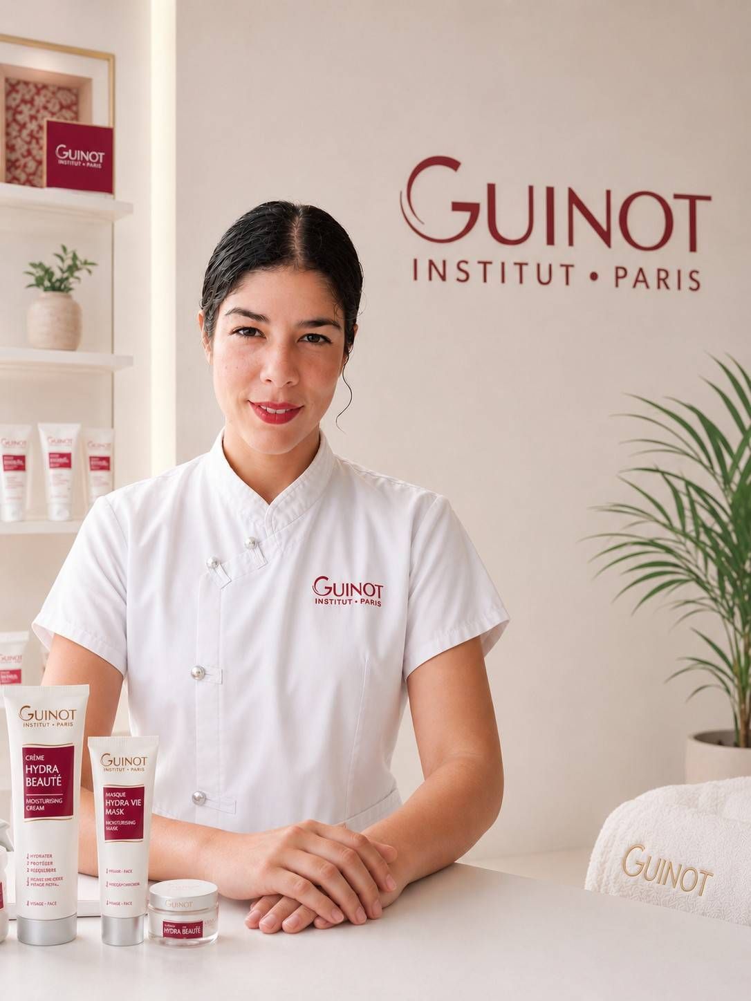 Empleada de la marca Guinot Skincare con uniforme blanco junto a productos de la marca en un entorno de spa.