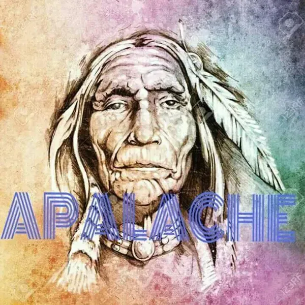 Ilustraci&oacute;n de una persona mayor con expresi&oacute;n seria, adornada con una pluma y un texto que dice "APACHE".