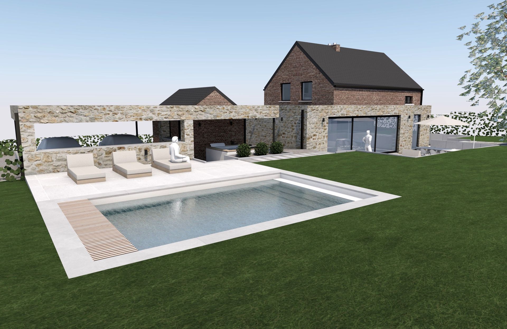 Une maison moderne avec piscine, chaises longues et mur de briques. Pelouse verdoyante et ciel bleu.