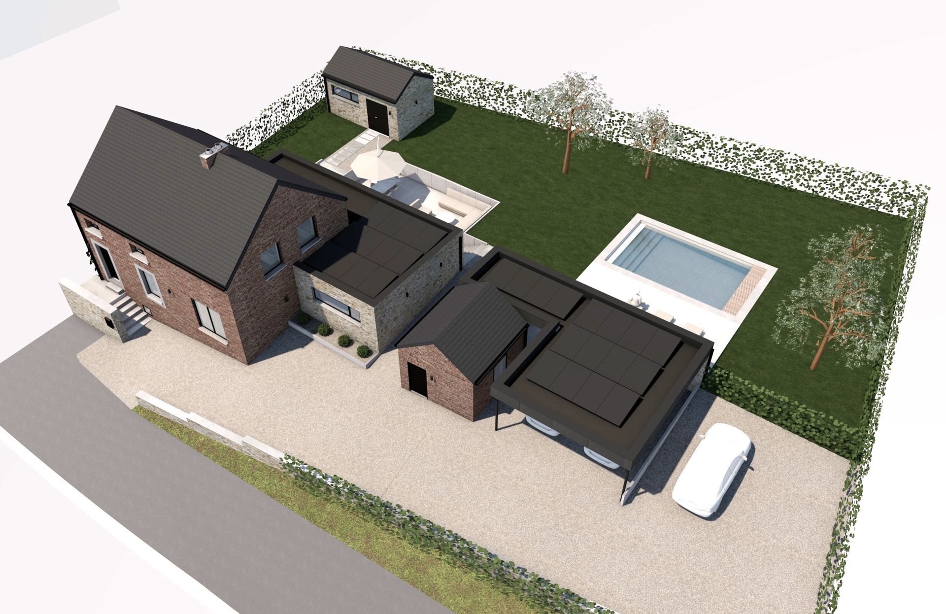 Vue aérienne d'une maison avec piscine, garage et jardin. Sections en briques et toit plat. Voiture blanche dans l'allée.