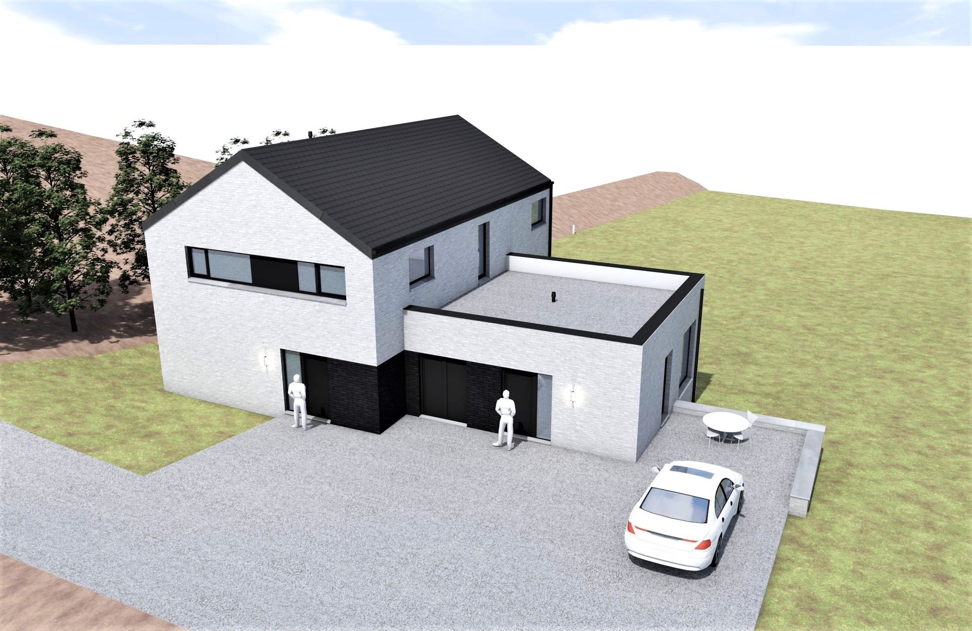 Maison moderne à deux étages avec toit et garage noirs, murs blancs et allée grise. Une voiture est garée devant.