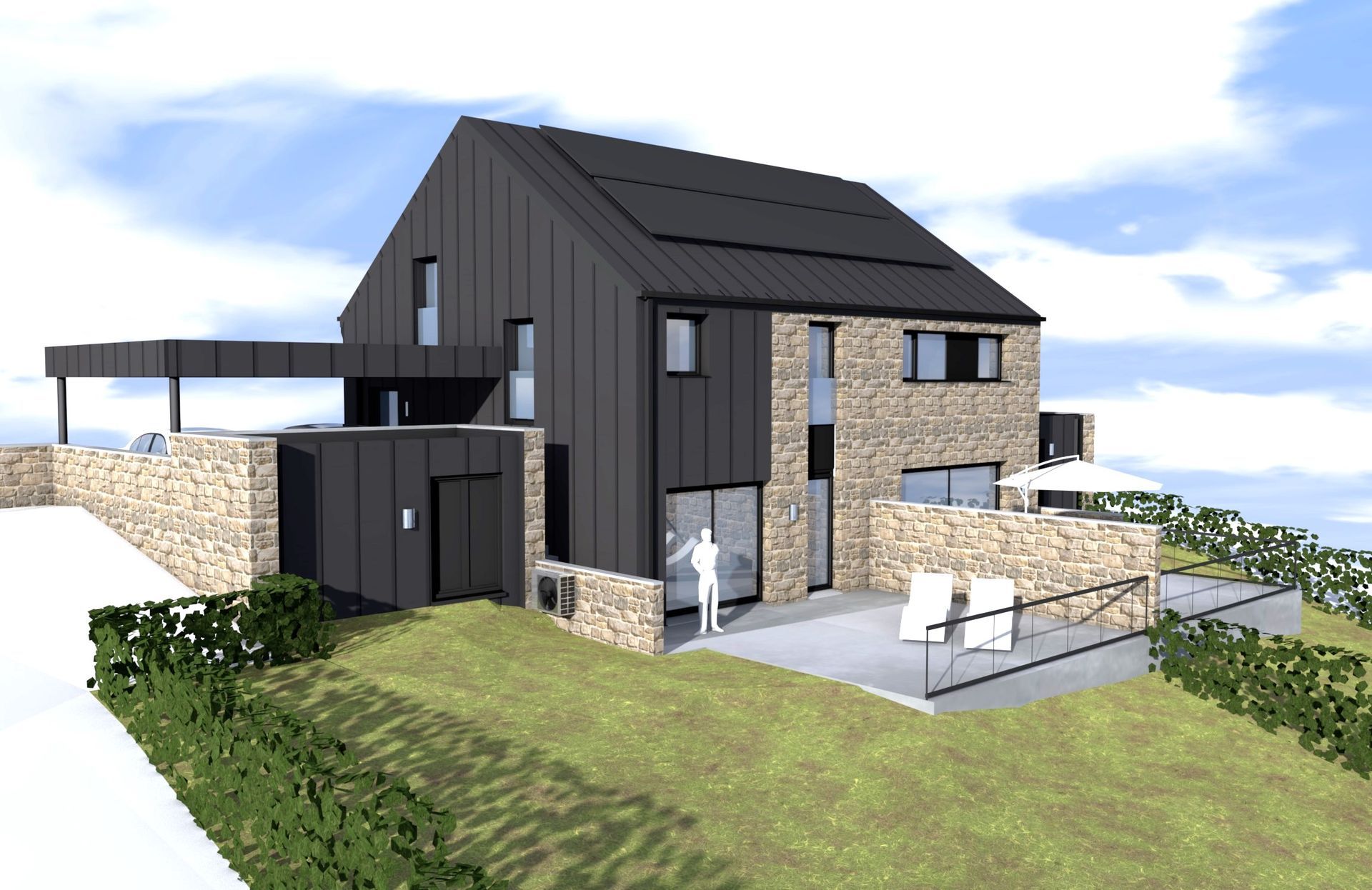 Maison moderne à deux étages avec revêtement foncé, façade en pierre et panneaux solaires sur le toit; patio avec chaises.