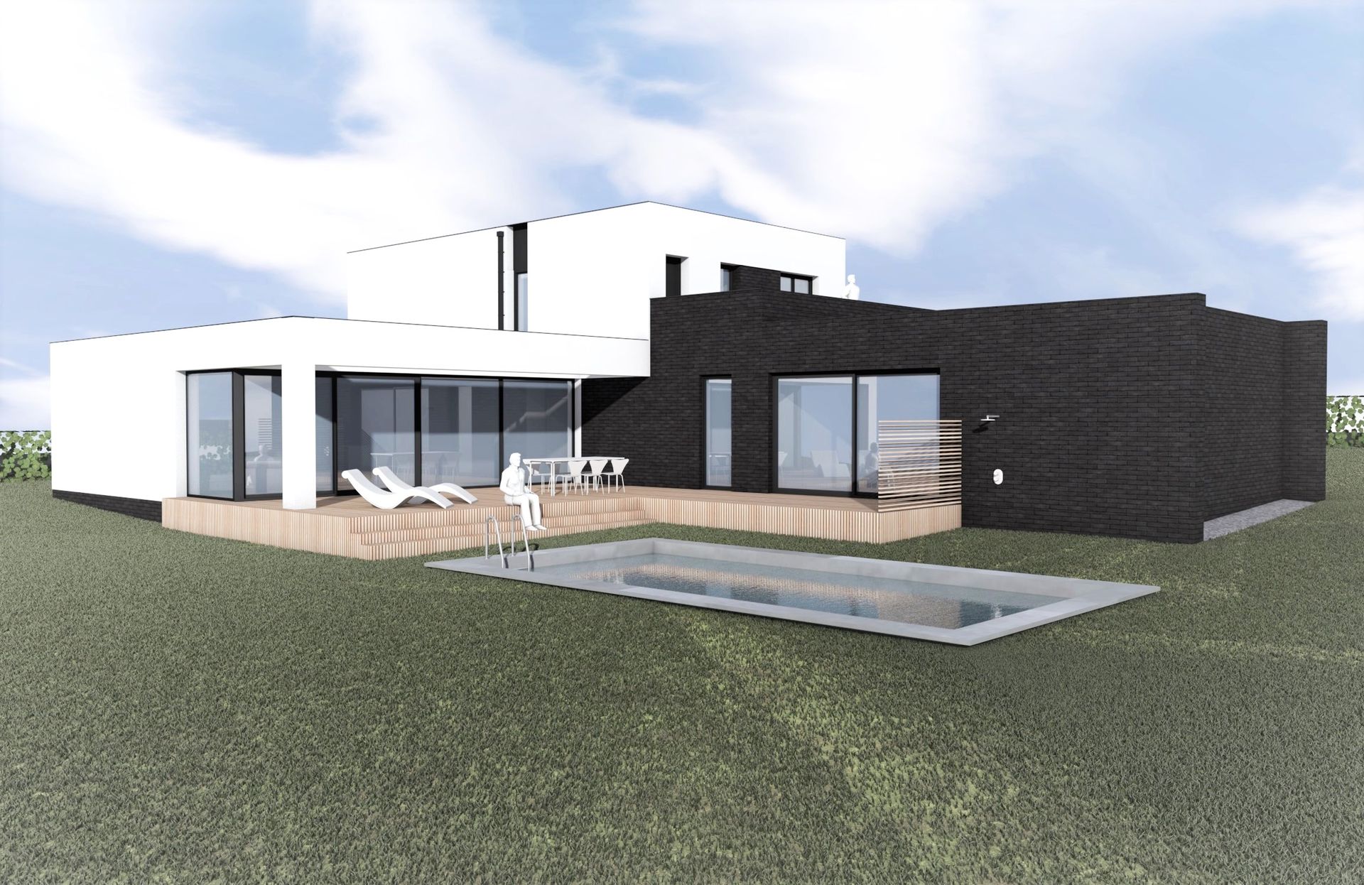 Maison moderne blanche et noire avec piscine; journée ensoleillée.