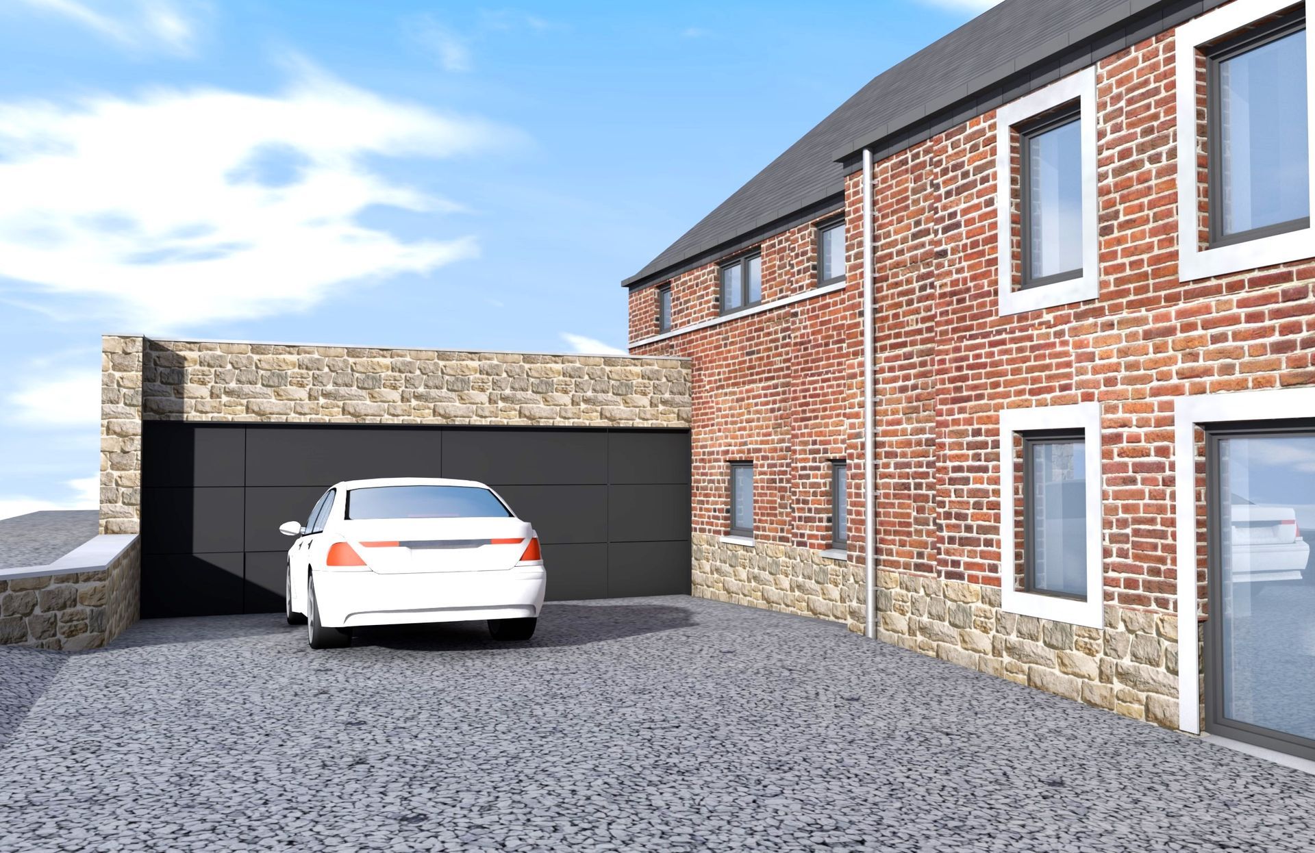 Voiture blanche entrant dans un garage noir niché dans une façade en pierre. Maison en briques rouges à droite, ciel bleu.