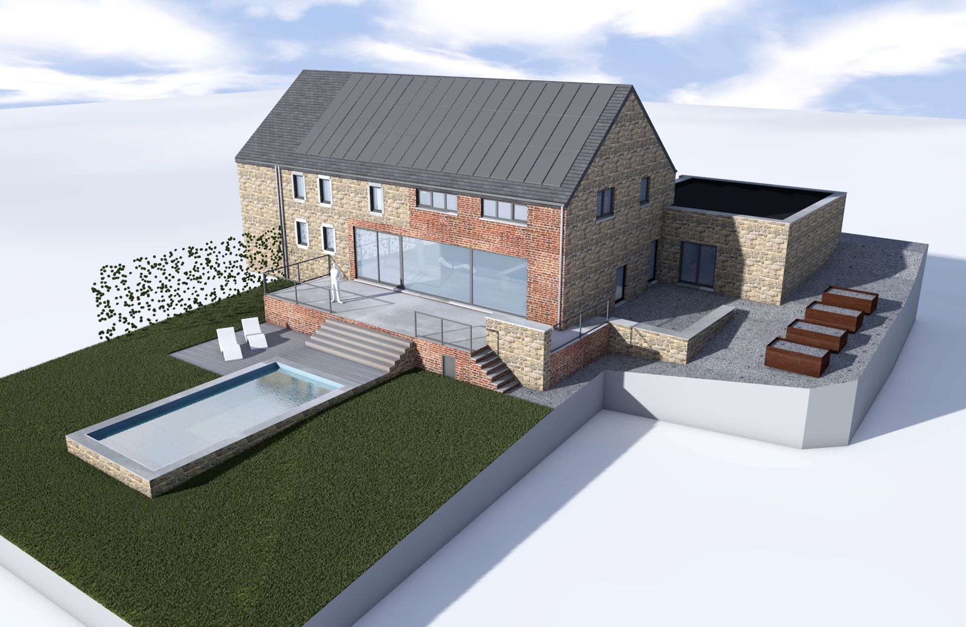 Maison moderne en brique et pierre avec piscine, patio et aménagement paysager sous un ciel bleu.