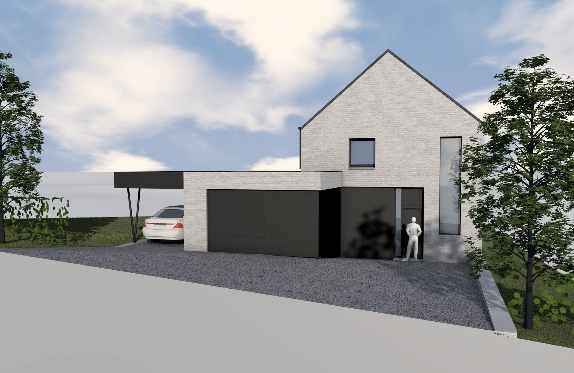 Maison moderne avec abri voiture et garage. Façade en briques grises, touches de noir, voiture garée, homme debout.