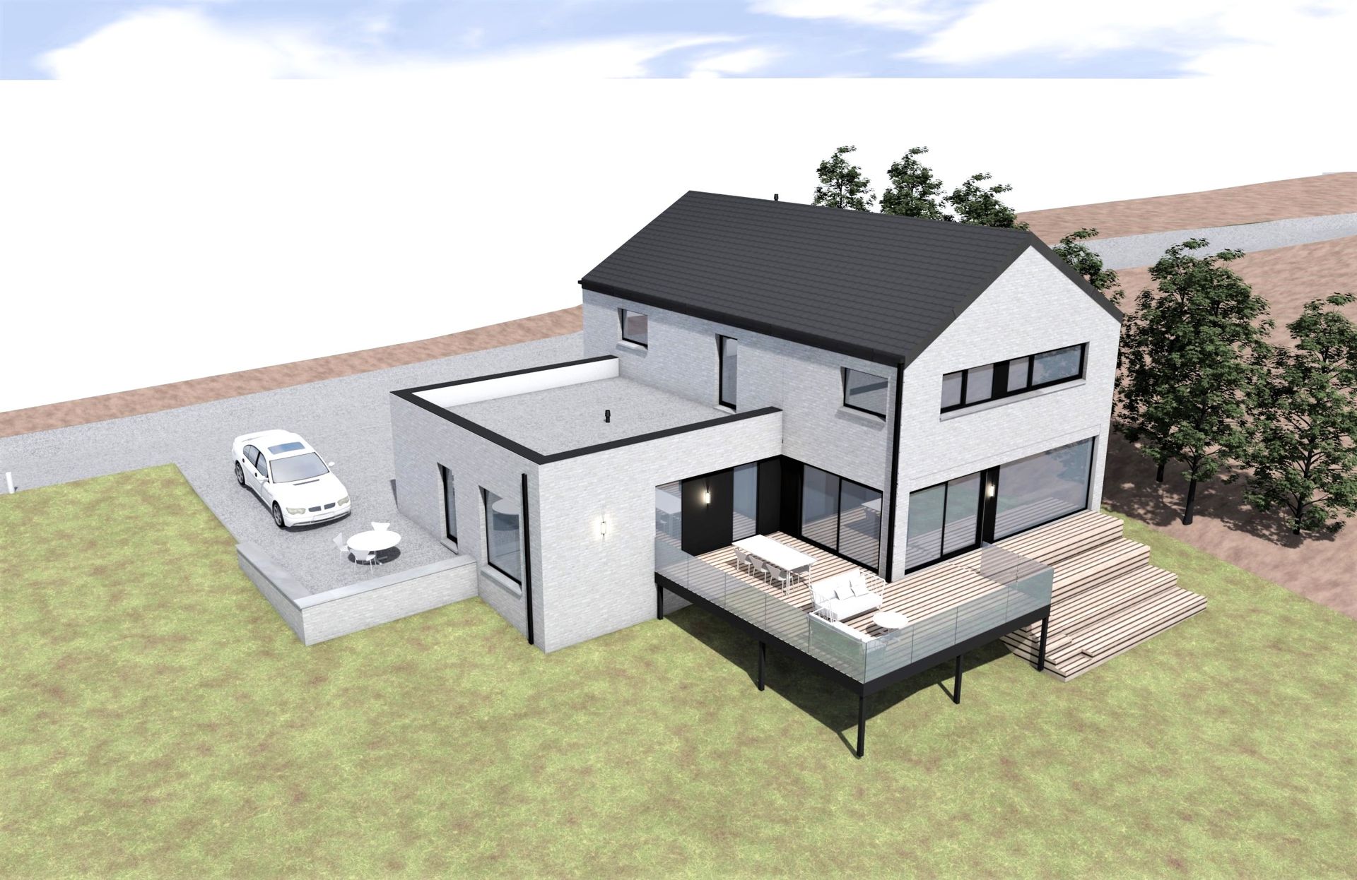 Maison moderne à deux étages avec un toit et une terrasse noirs, des voitures garées et des arbres sur une pelouse herbeuse.