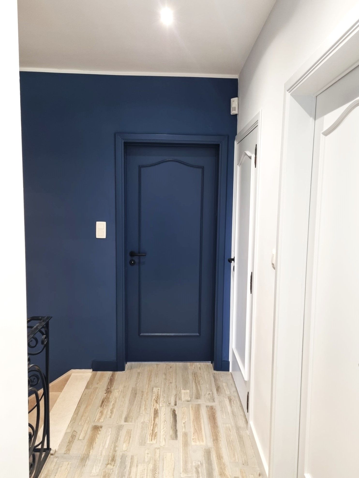 Couloir avec porte et mur bleus, sol imitation bois clair et murs blancs à droite.
