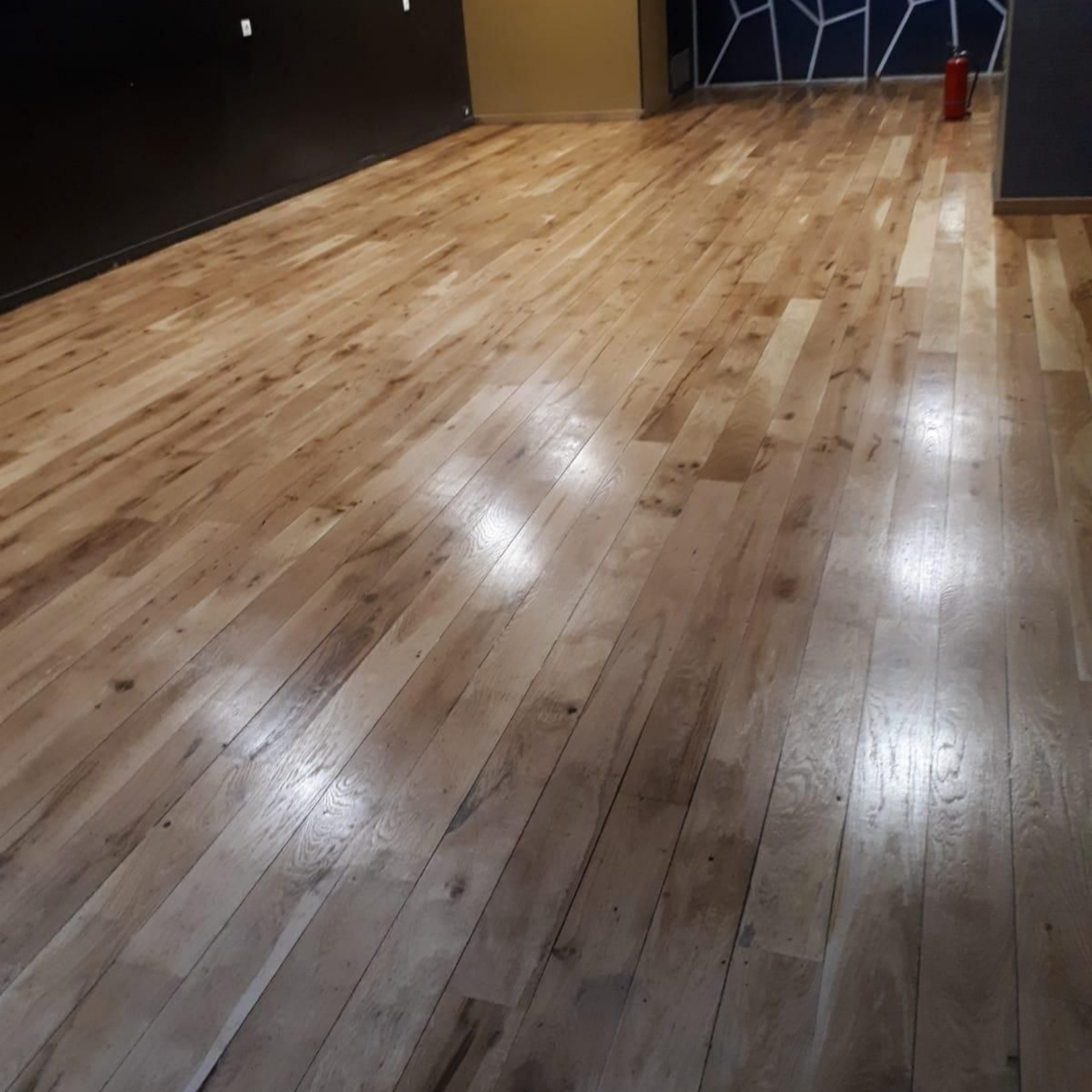 Un parquet en bois clair poli s'étend sur toute la surface de la pièce.