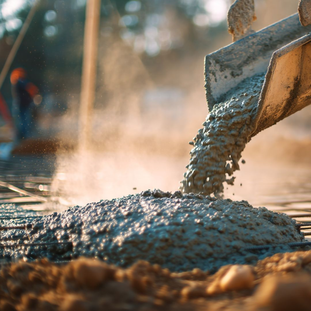 Une goulotte de malaxeur à béton déverse du ciment humide sur la surface d'un chantier de construction.