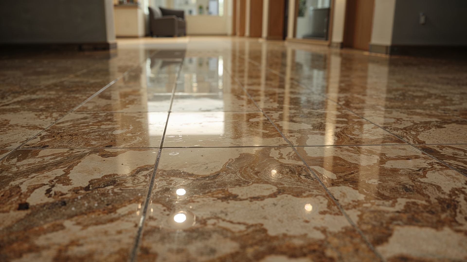 Un sol en marbre brun clair poli.