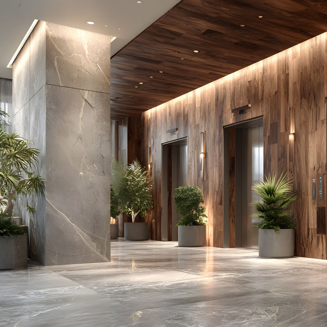 Hall d'entrée moderne avec pilier et sol en marbre.