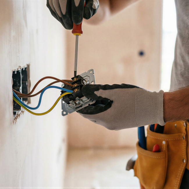 Main qui effectue des travaux d'électricité en installant des prises