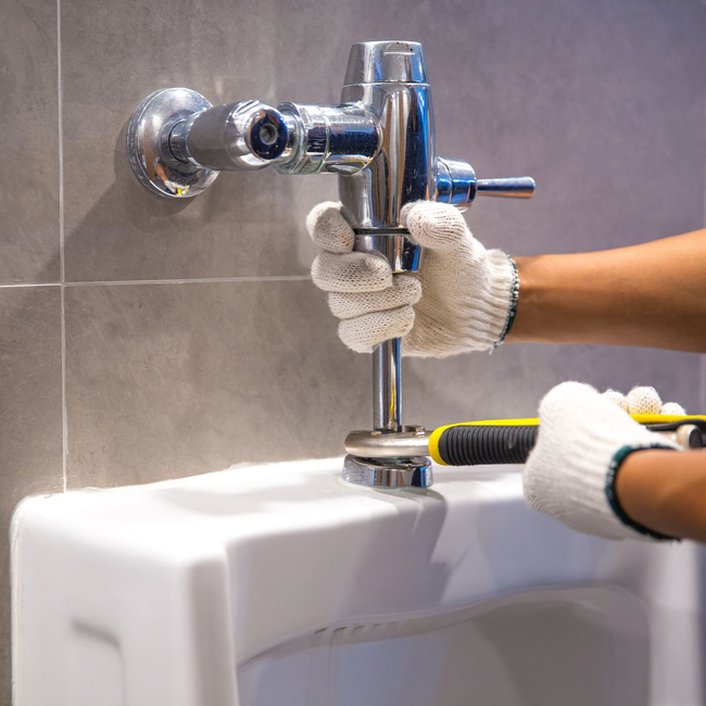 Main qui est en train d'installer un système de plomberie de toilettes