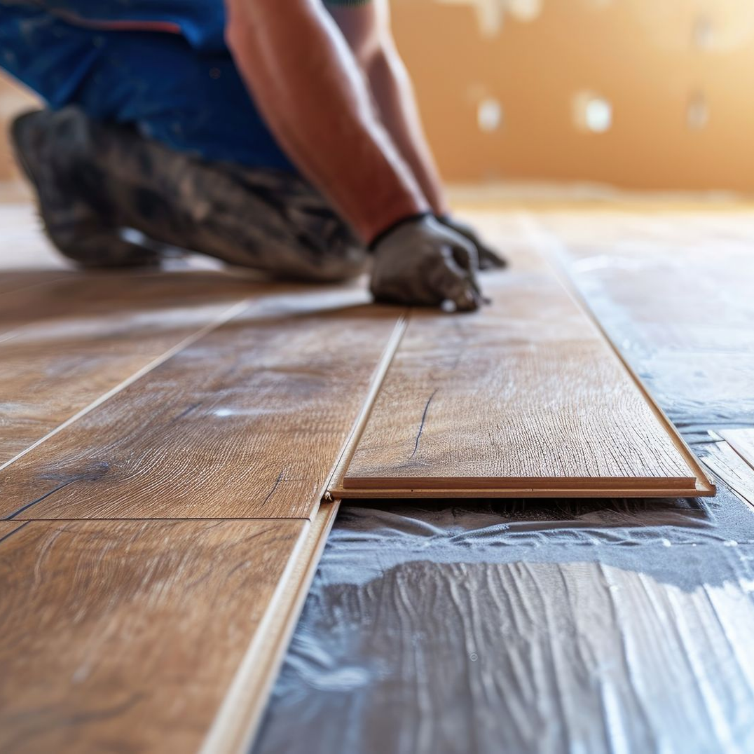 Un parquet partiellement rénové, présentant un contraste marqué entre le bois clair brut et le bois poli, brun doré.