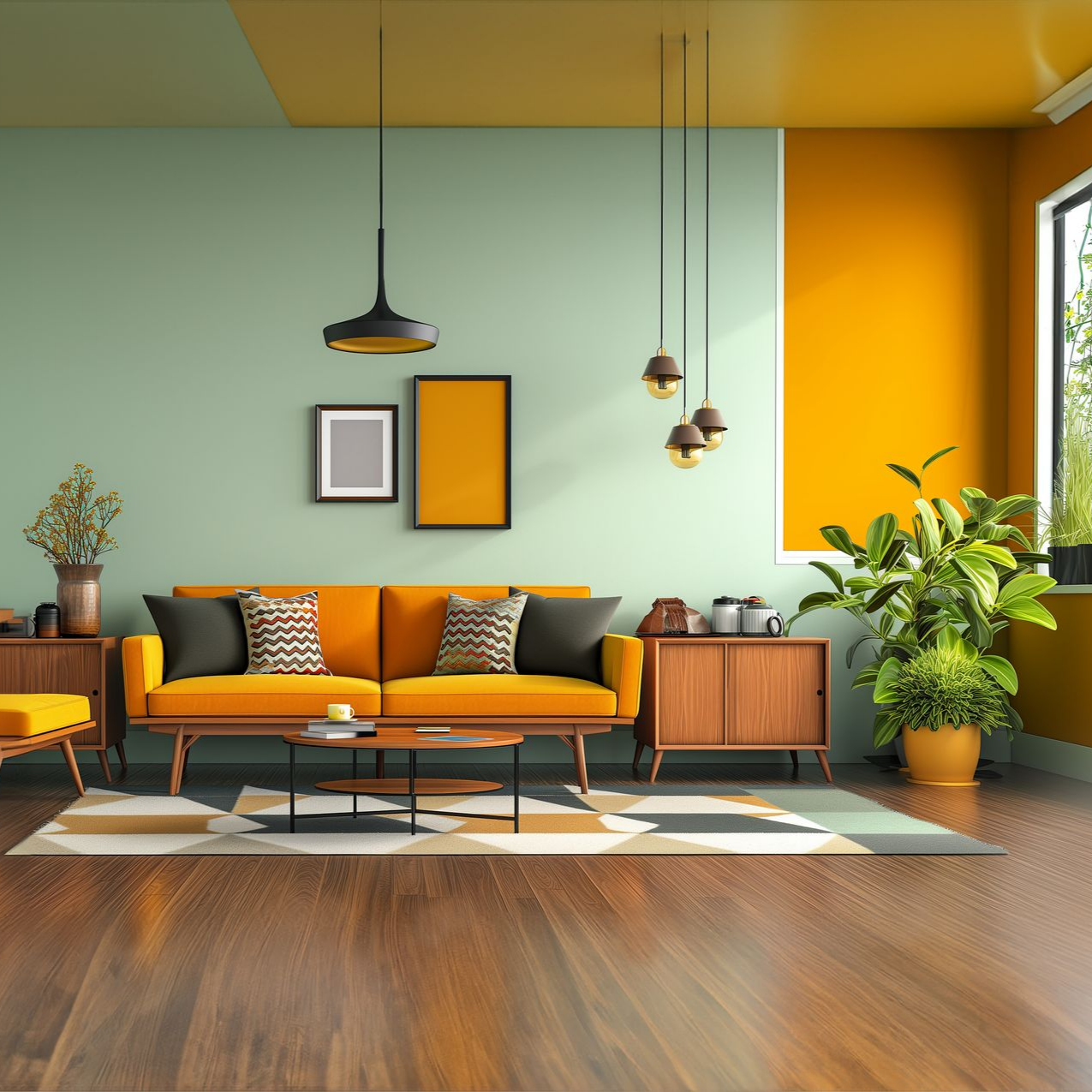 Six pots de peinture ouverts sont disposés à côté d'un éventail d'échantillons de peinture.