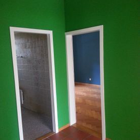 Ein Flur mit grünen Wänden und zwei Türen, die zu einem Badezimmer führen.
