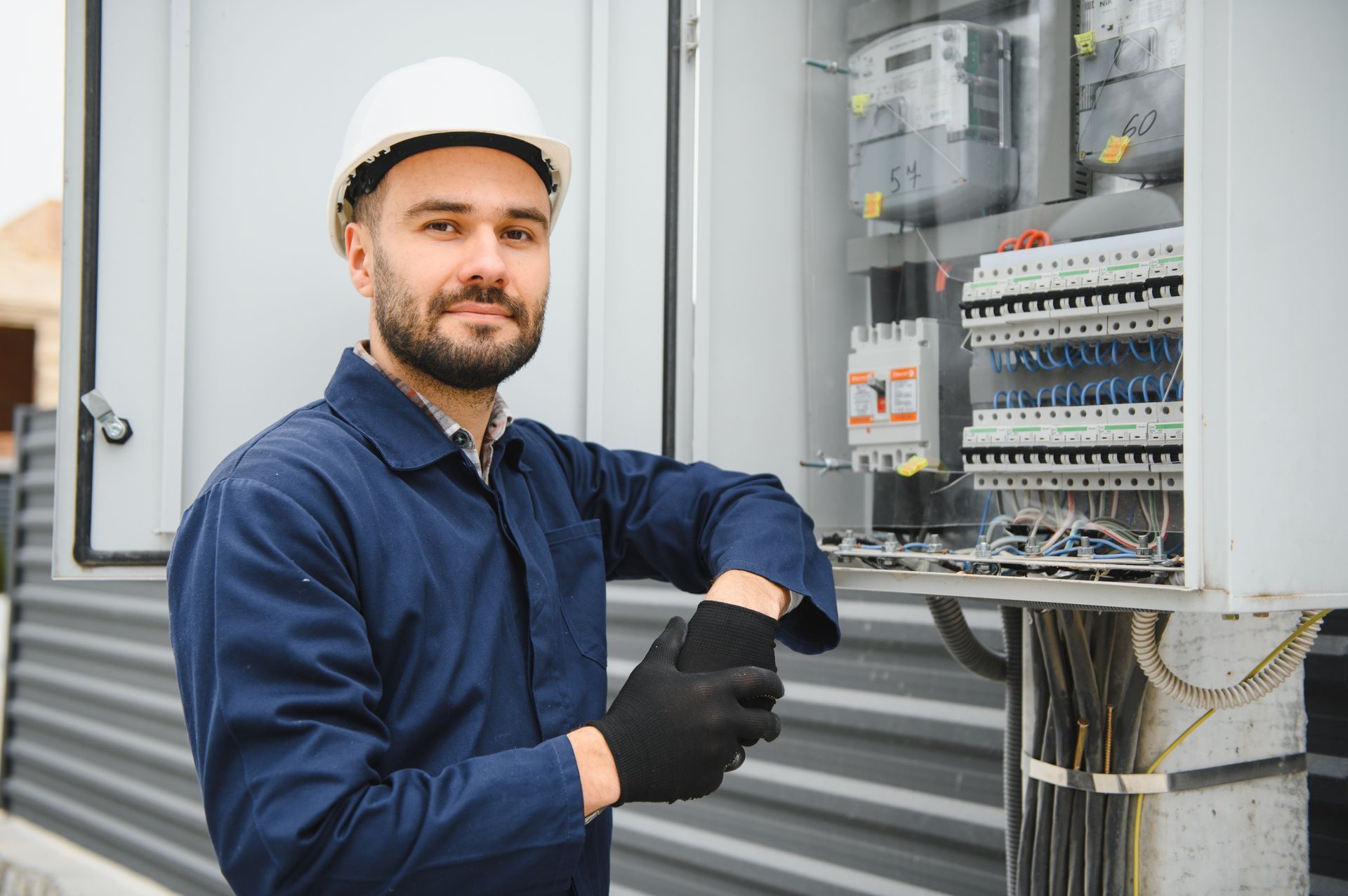 Technicien portant un casque de chantier inspectant un panneau de commande électrique à l'extérieur.