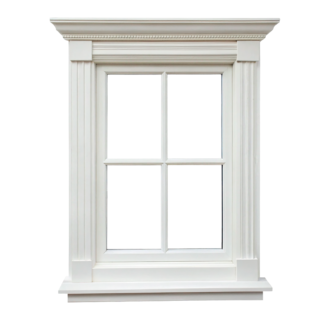 Fenêtre blanche à double vitrage avec garniture décorative et carreaux divisés