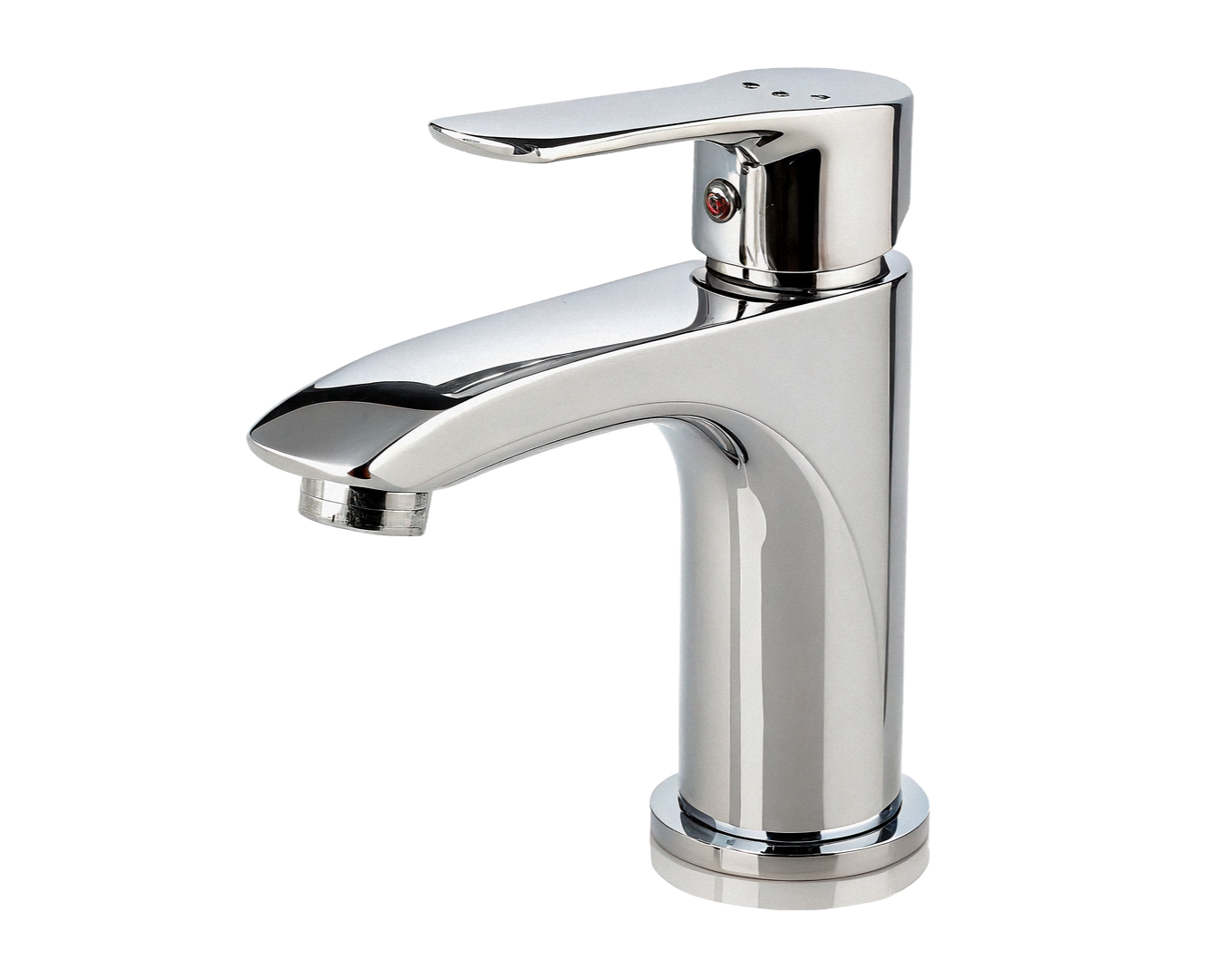 Robinet de salle de bain chromé avec poignée à levier unique et bec courbé.