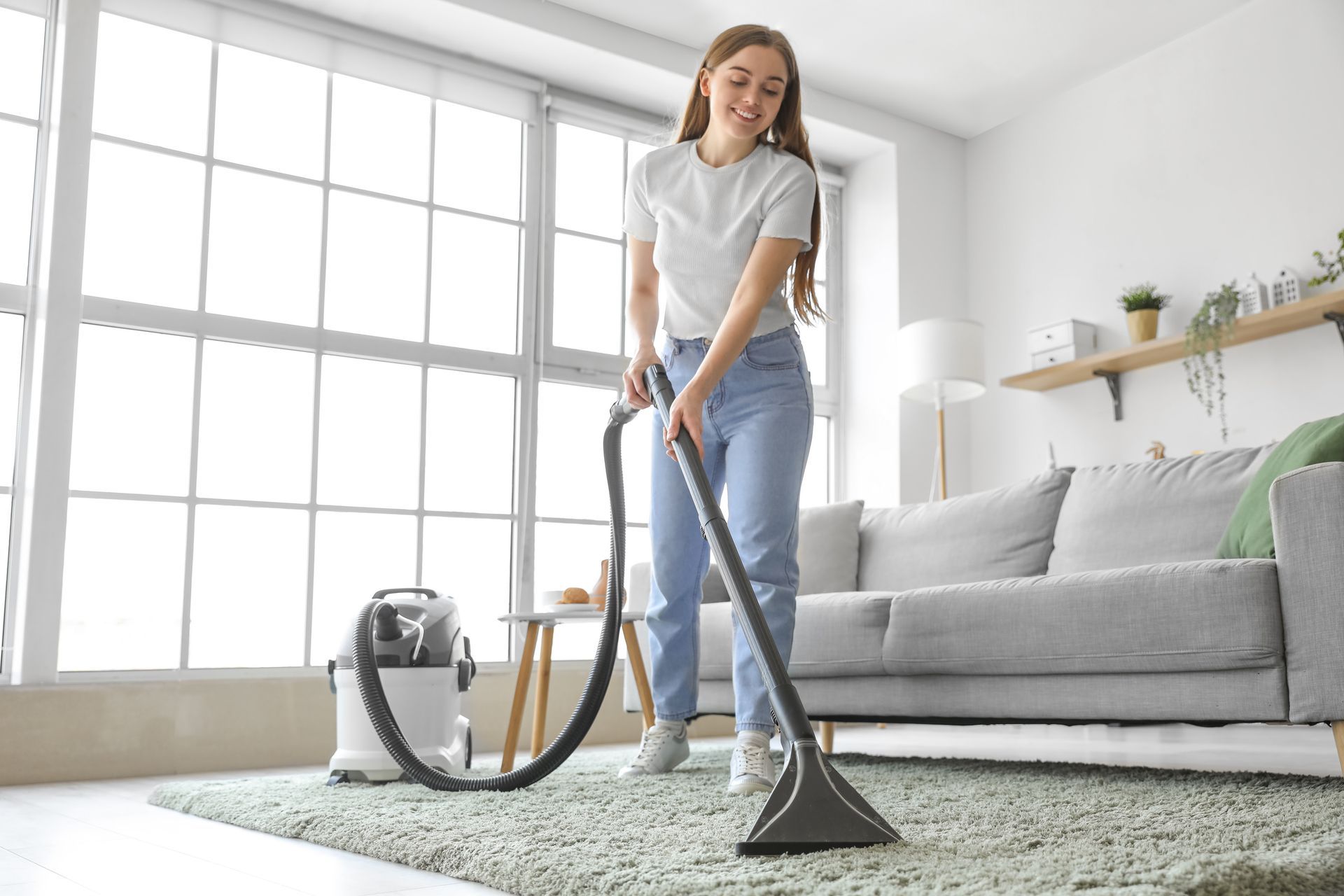 Une femme passe l'aspirateur dans un salon lumineux, avec un canapé gris en arrière-plan.