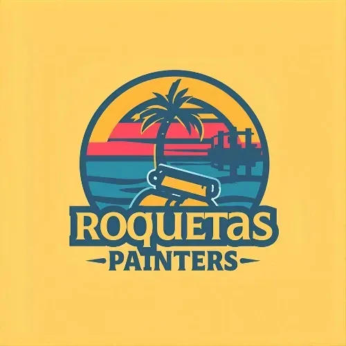 Un logotipo de pintores en roquetas de mar donde aparece la imagen del mar y una palmera de roquetas de mar junto a un rulo de pintar. 
